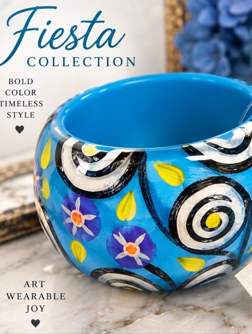 NWT Fiesta Collection Blue Resin Hand Painted Art Wide Bangle Bracelet